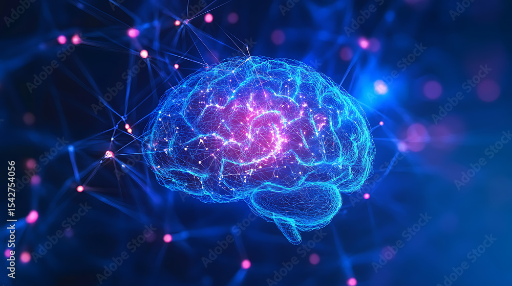 Poster a brain with blue and pink colors is shown in a blue background. the brain is surrounded by a web of