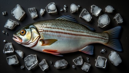 Freshly caught fish lying on ice in a cooler box  
