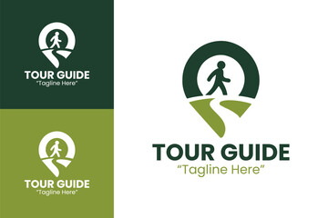 Modern Tour Guide Icon with Path and Walking Figure in Green and Dark Green
