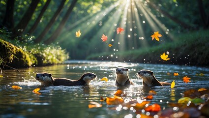 Otters swimming in river during autumn with sunlight shining through trees