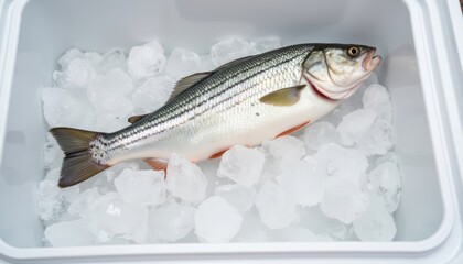 Freshly caught fish lying on ice in a cooler box  