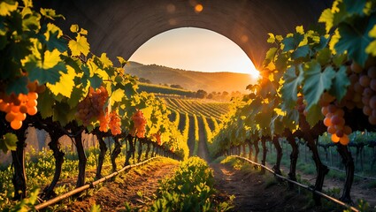 Vineyard at Sunrise Rows of Grapes on Vines with Rolling Hills