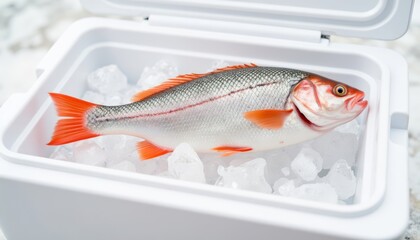 Freshly caught fish lying on ice in a cooler box  