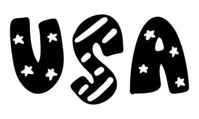 Cute hand drawn black white united states of america usa text word typography doodle illustration patriotic comic theme png icon clipart stars stripes pattern elements