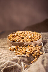 Split Roasted Chickpeas on Burlap Fabric – Rustic Healthy Snack