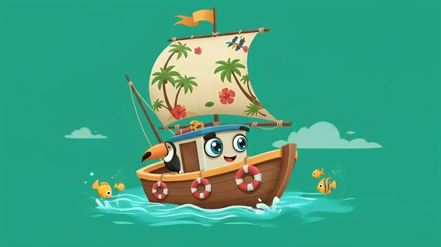 Cartoon boat with toucan and fish illustration