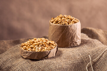 Split Roasted Chickpeas on Burlap Fabric – Rustic Healthy Snack