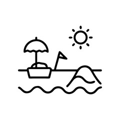 Drawing of a beach scene with an umbrella sun waves and a small flag