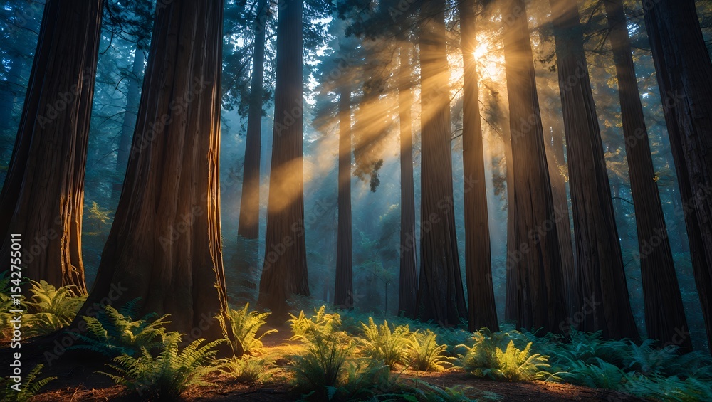 Poster sunlight streaming through tall trees in forest with ferns