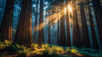 Sunlight Streaming Through Tall Trees in Forest with Ferns