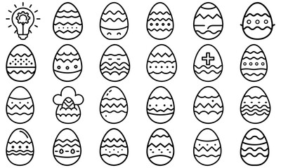 Collection of twenty five easter eggs with various doodle designs