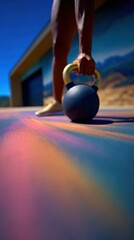 Person lifting kettlebell outdoors