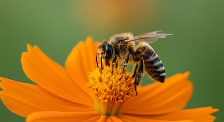 Honeybee Pollinating Orange Cosmos Flower A Close-Up Macro Photograph