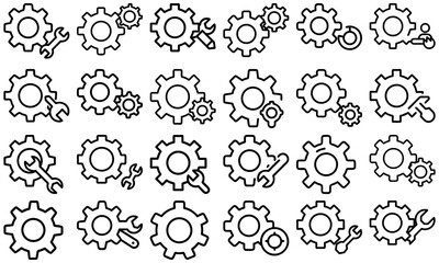 Collection of gear icons with wrench and circular elements in black outline