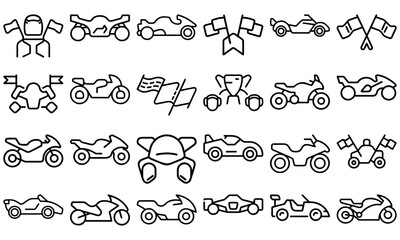 Collection of various motorcycle and racing themed outline illustrations