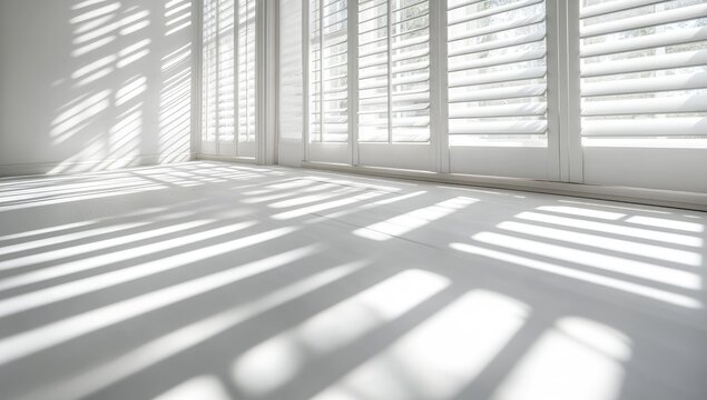 Sunlight casts strong shadows on a light-colored floor, through white shutters