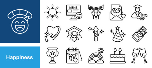 Happiness icon set with Sunshine, Good news, Family, Fireworks, Party hat, Cake, Happy.