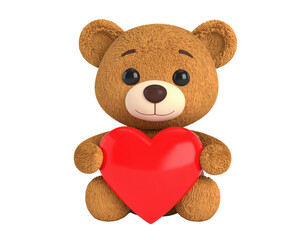 Cute teddy bear holding heart for love and affection concept isolated on white background