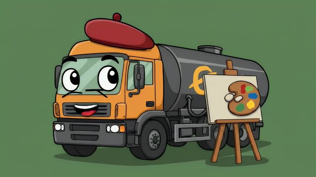 Cartoon tanker truck with easel and palette