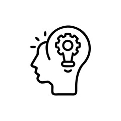 Outline of a head with a gear lightbulb inside representing innovation