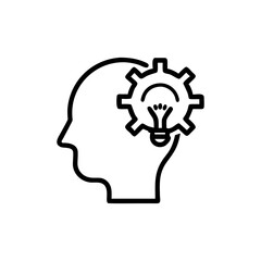 Outline of a head with a gear and lightbulb representing innovation idea