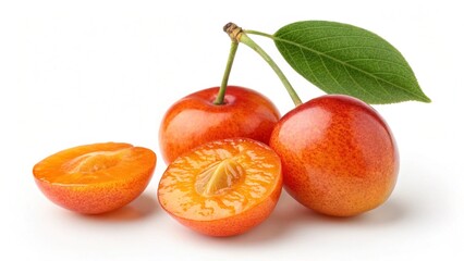 Ripe Rainier Cherries with Stems and Leaf Two Halved on White Background