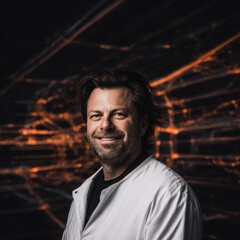 Portrait of a man in a lab coat.  Dark background with graphic patterns