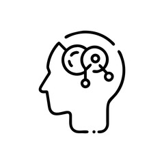 Outline of a head with connected circles inside representing thought process
