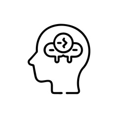 Outline of a head with a cloud and an arrow inside representing thought