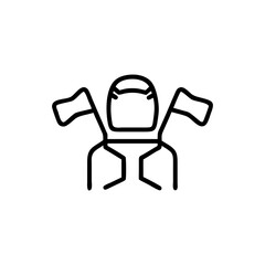 Outline drawing of person in protective suit with two flags behind them