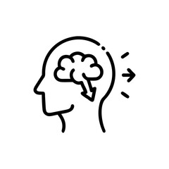 Outline of a head with a brain cloud and an arrow pointing downwards right