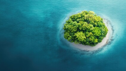 Aerial view of a small, lush island in a vast ocean