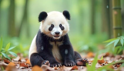 Cute Panda Cub in Bamboo Forest