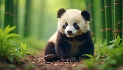 Panda Cub Sitting in Bamboo Forest