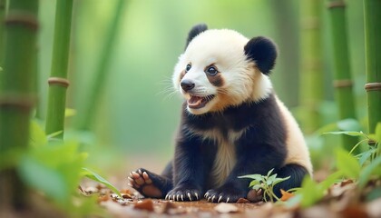 Obraz premium Panda cub sitting in bamboo forest