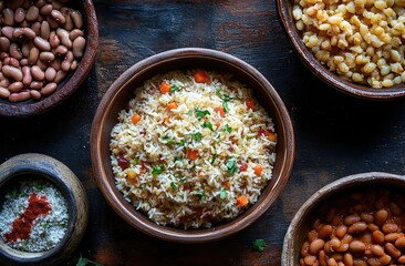 Top-down view of a bowl of spiced rice with vegetables, surrounded by other bowls of beans and grains