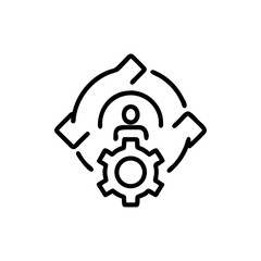 Outline icon showing a person above a gear inside of a circular arrow