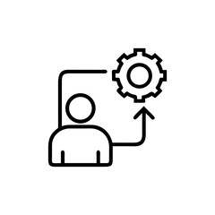 Person connecting to a gear with an arrow in a black and white drawing