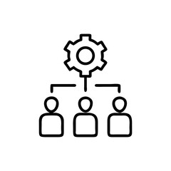 Gear above three people connected by lines in a hierarchical structure