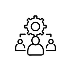 Outline icon showing people connected to a gear representing teamwork