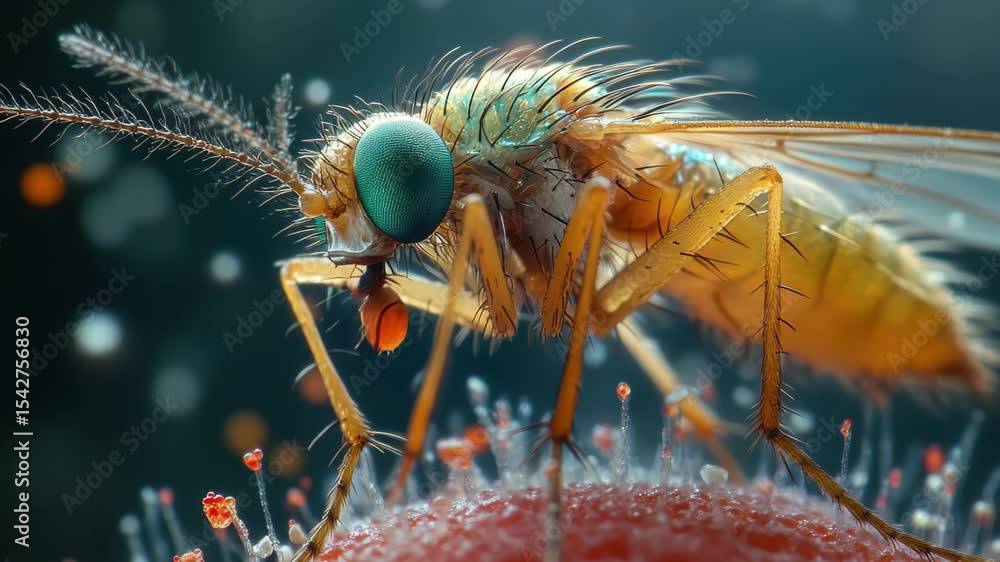 Poster close-up view of a colorful insect on a textured surface showcasing intricate details and vibrant co