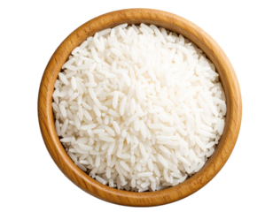 Raw white rice in wooden bowl asian staple food ingredient isolated on white