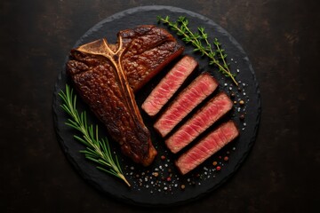 Perfectly Grilled T-Bone Steak with Rosemary and Thyme Garnish