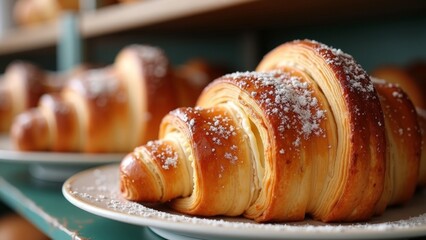 Freshly Baked Croissant with Powdered Sugar on Plate