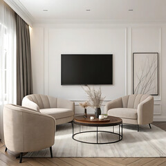 Modern beige living room with round coffee table and tv