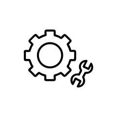 Illustration of a gear wheel and a wrench in black outline design style