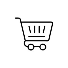 A simple line drawing of a shopping cart with wheels and basket design