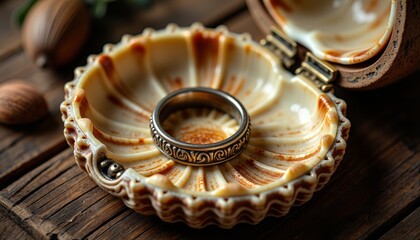 Golden ring resting on a seashell with nuts on wooden background  