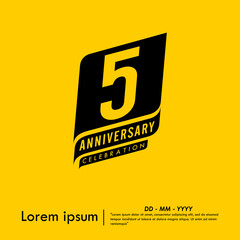 5th years anniversary celebration emblem. congratulations anniversary black logo isolated with ribbons on yellow background. vector illustration template design for web banner.