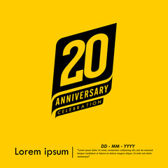 Obraz premium 20th years anniversary celebration emblem. congratulations anniversary black logo isolated with ribbons on yellow background. vector illustration template design for web banner.